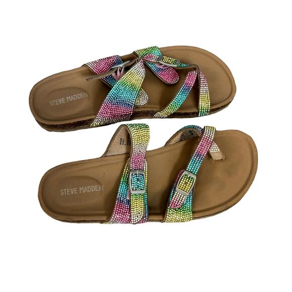Steve Madden Rhinestone Slides – Rainbow Sparkle Flat Sandals – Women’s 5 - Picture 2 of 4